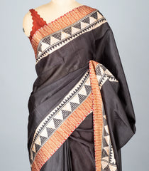 Black Woven Art Tussar Silk Saree With Printed Floral Motifs-BL4202