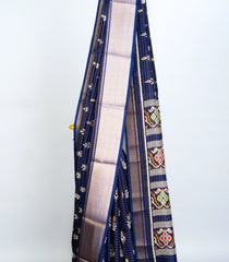 Navy Blue Woven Art Tussar Silk Saree With Printed Floral Motifs-BL3742