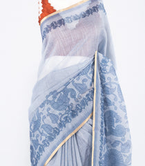 Steel Blue Woven Art Tussar Saree With Printed Floral Motifs-BL3955