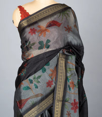Black Woven Synthetic Cotton Saree With Printed Bird Motifs-BL4278