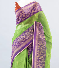 Green Woven Art Linen Saree With Floral Motifs-BL3934