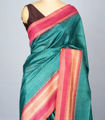 Cyan Woven Synthetic Dupion Saree With Contrast Border-BL4340