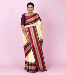 Cream Handloom Korvai Kanchipuram Silk Saree With Silk Thread Work Border-KA16349