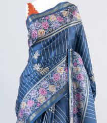 Blue Woven Art Tussar Saree With Stipes & Printed Floral Motifs-BL3990