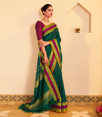 Dark Green Handloom Kanchipuram Silk Saree With Buttas-KA15473