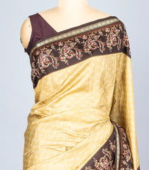 Beige Woven Synthetic Crackle Saree With Printed Geometric & Bird Motifs-BL4513