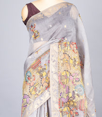 Grey Woven Art Chanderi Saree With Printed Goddess Motifs-BL4468