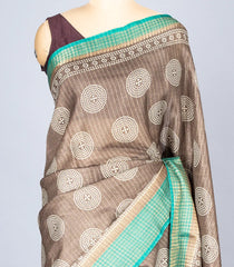 Dark Grey Woven Synthetic Dola Saree With Printed Motifs & Contrast Border-BL4511