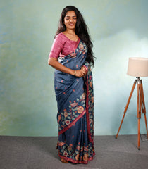 Indigo Printed Synthetic Tussar Silk Saree With Zari Border-SY0062