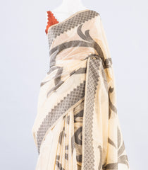 Off White Woven Art Chanderi Cotton Saree With Grey Floral Motifs-BL4143