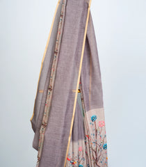 Grey Woven Art Linen Saree With Printed Peacock Motifs-BL3719