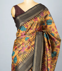 Beige Woven Synthetic Dupion Saree With Printed Kalamkari Motifs-BL4333