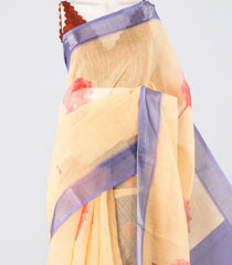 Sandal Woven Art Linen Saree With Printed Floral Motifs-BL3959