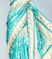 Turquoise Woven Art Tussar Silk Saree With Printed Floral Motifs-BL3885