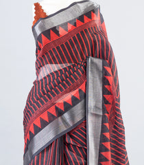 Dark Grey Woven Art Linen Saree With Printed Stripes-BL3961