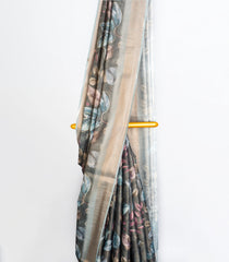 Dark Grey Woven Art Linen Saree With Printed Floral Motifs-BL3756
