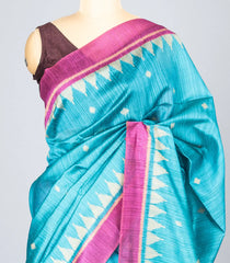 Cyan Woven Synthetic Dupion Saree With Floral Motifs & Contrast Border-BL4474