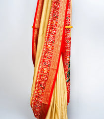 Beige Woven Art Dola Silk Saree With Printed Ikat Motifs-BL3694