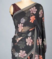 Black Woven Synthetic Georgette Saree With Printed Floral Motifs-BL4212