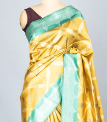 Gold Woven Synthetic Dupion Saree With Floral Jaal Motifs-BL4530
