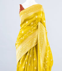 Lime Green Woven Art Dola Viscose Saree With Floral Vine Motifs-BL3979