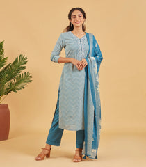 Classic Blue Cotton Kurta Set With Matching Dupatta