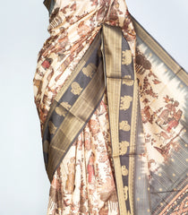 Cream Woven Art Tussar Silk Saree With Printed Mughal Motifs-BL3879