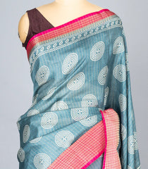 Steel Blue Woven Synthetic Dola Saree With Printed Motifs & Contrast Border-BL4509