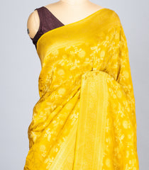 Mustard Woven Synthetic Tussar Silk Saree With Floral Vine Motifs-BL4422