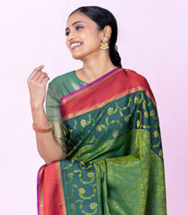 Dark Green Handloom Kanchipuram Silk Saree With Floral Motifs-KA16353