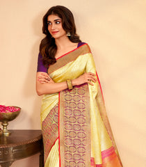 Yellow Handloom Kanchipuram Silk Saree With Floral Vine Motifs-KA15636