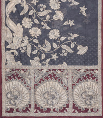 Dark Grey Printed Art Dupion Saree With Floral Motifs-BL6134