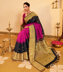Magenta Handloom Korvai Kanchipuram Silk Saree With Black Temple Border-KA14376