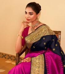 Magenta Handloom Korvai Kanchipuram Silk Saree With Black Temple Border-KA14376