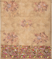 Beige Woven Blended tussar Saree With Embroidered Floral Motifs-BL3861