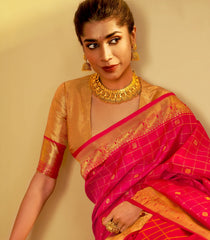 Red Handloom Kanchipuram Silk Saree With Zari Checks & Buttas-KA15267