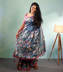 Indigo Printed Synthetic Tussar Silk Saree With Zari Border-SY0062