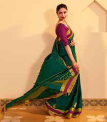 Dark Green Handloom Kanchipuram Silk Saree With Buttas-KA15473