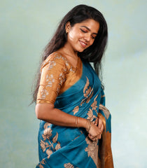 Blue Printed Synthetic Tussar Silk Saree With Contrast Border-SY0105