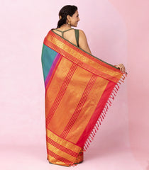 Cyan Handloom Korvai Kanchipuram Silk Saree With Threadwork Motifs-KA16097