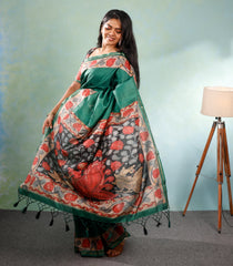 Sea Green Printed Synthetic Tussar Silk Saree With Contrast Border-SY0100