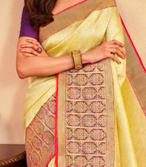 Yellow Handloom Kanchipuram Silk Saree With Floral Vine Motifs-KA15636