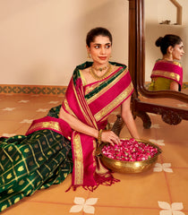 Dark Green Handloom Korvai Kanchipuram Silk Saree With Zari Checks & Buttas-KA15357