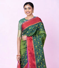 Dark Green Handloom Kanchipuram Silk Saree With Floral Motifs-KA16353