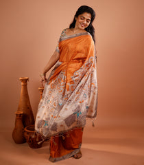 Orange Printed Synthetic Tussar Silk Saree With Contrast Temple Border-SY0118