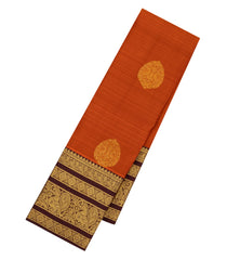 Rust Handloom Kanchipuram Silk Saree With Peacock Motifs-KA14269