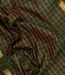 Dark Green Handloom Silk Cotton Saree With Zari Checks-SC4039
