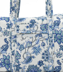 White Handmade Duffle Bag With Printed Motifs With Zipper (9"H X 14"W X 7"D)-ACS1048
