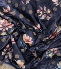 Dark Grey Woven Synthetic Dola Silk Saree With Printed Floral Motifs