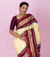 Cream Handloom Korvai Kanchipuram Silk Saree With Silk Thread Work Border-KA16349
